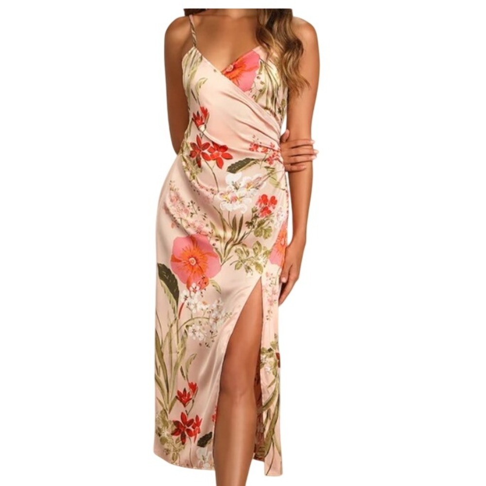 Lulus Pink Floral Satin Faux Wrap Midi Dress CD708L Ruched Side Slit Medium